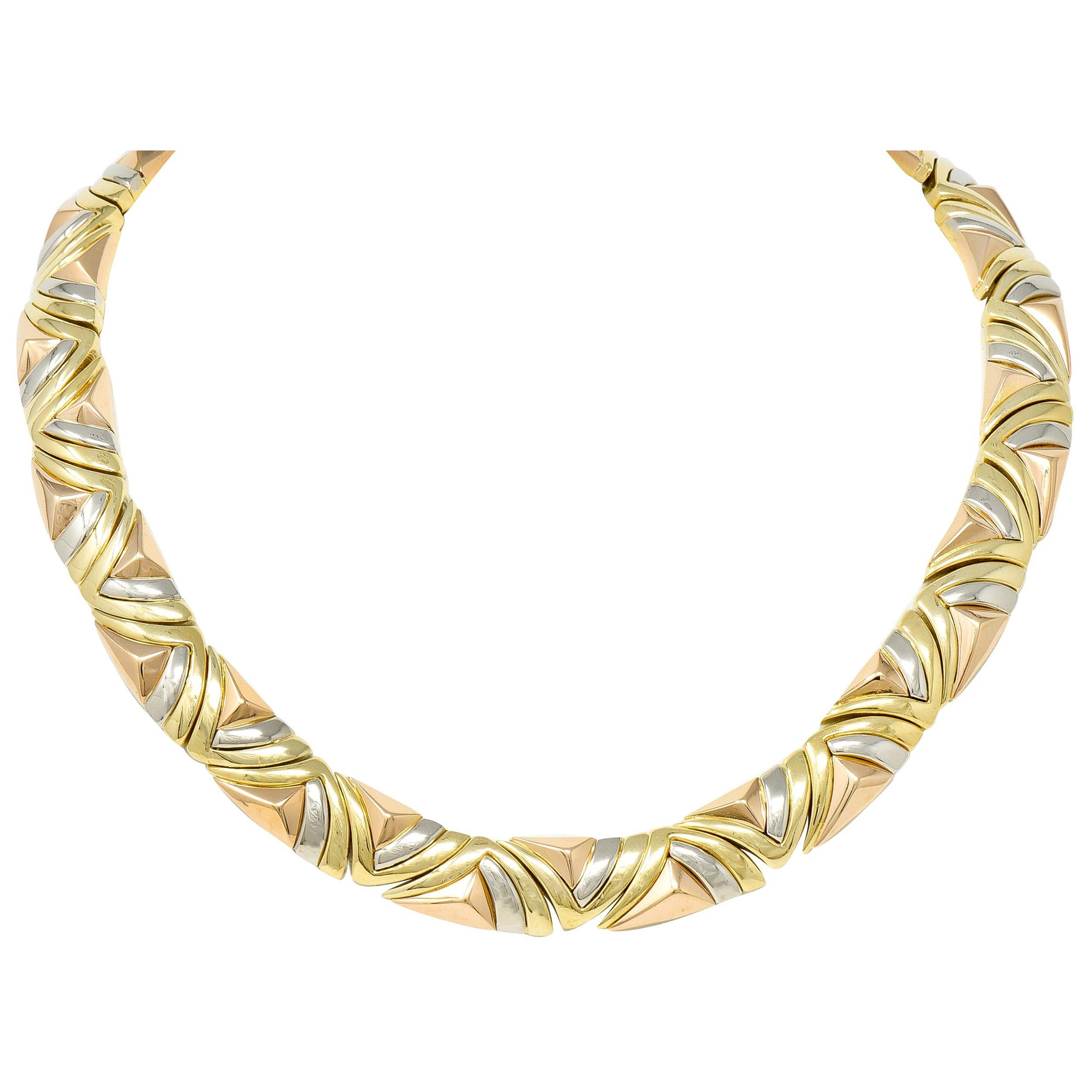 Bulgari French 1980's 18 Karat Tri-Gold Geometric Vintage Collar Necklace