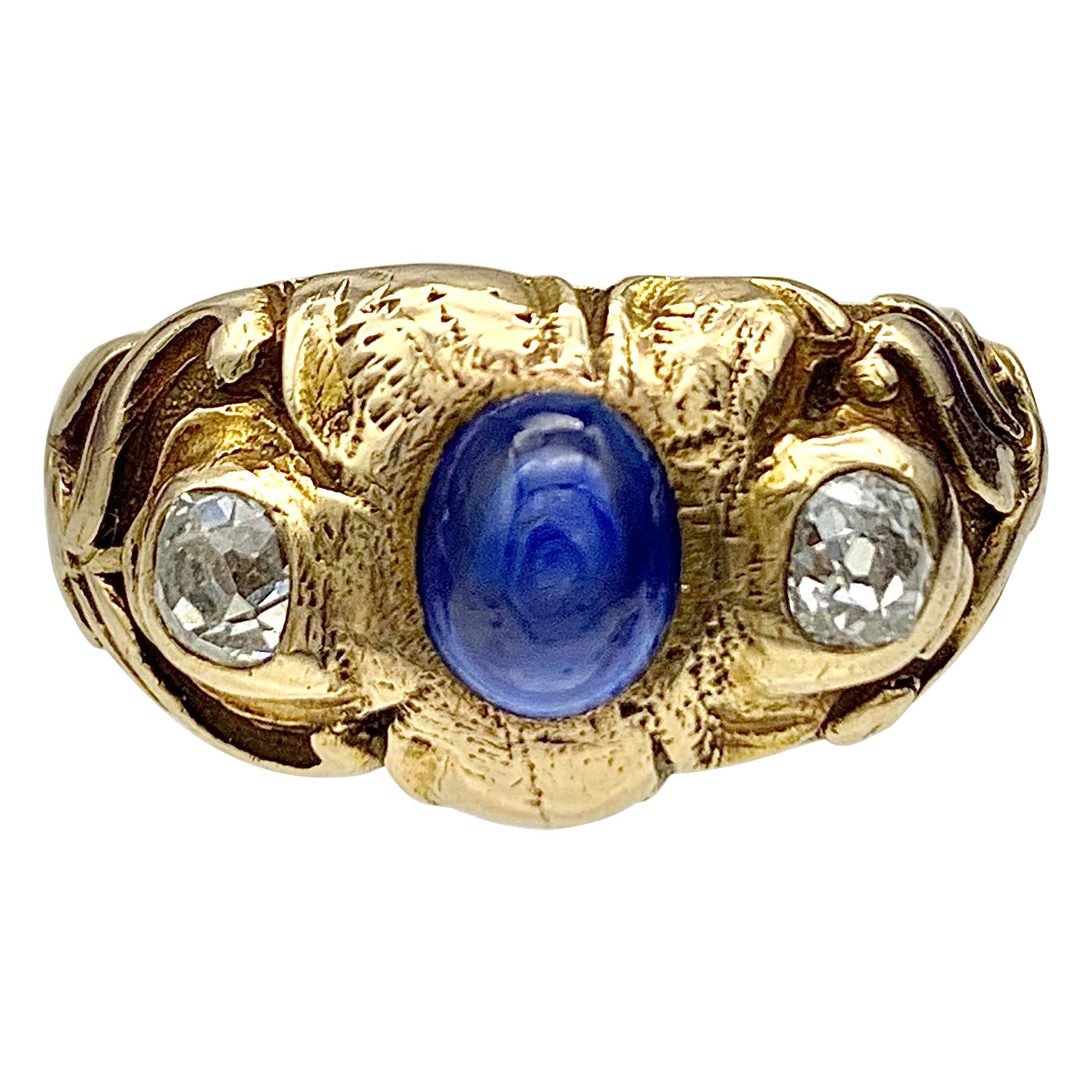 Antique Art Nouveau Ring Sapphire Cabochon Diamond 14 Karat Gold Lilies For Sale