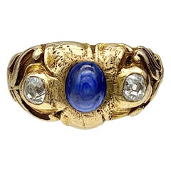 Antiker Jugendstil-Ring, Saphir, Cabochon, Diamant, 14 Karat Gold, Lilien