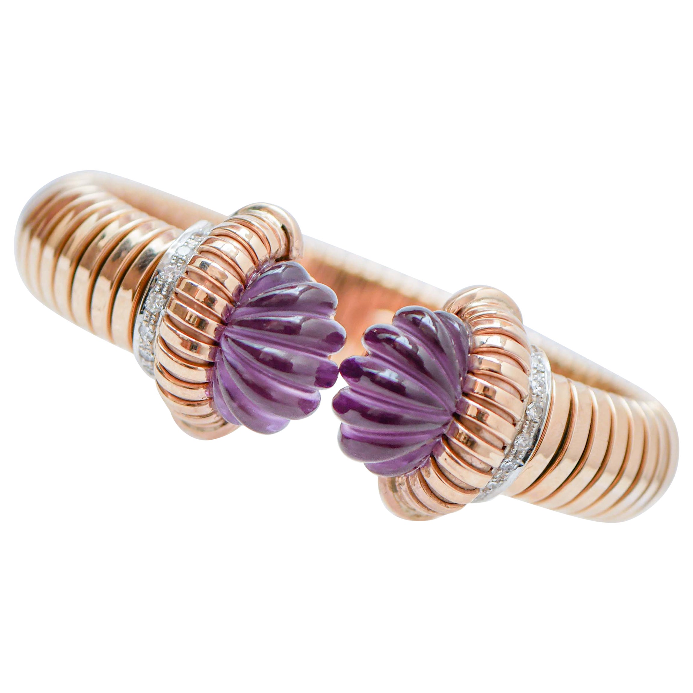 Amethyst, Diamonds, 18 Karat Rose Gold Tubogas Bracelet. For Sale