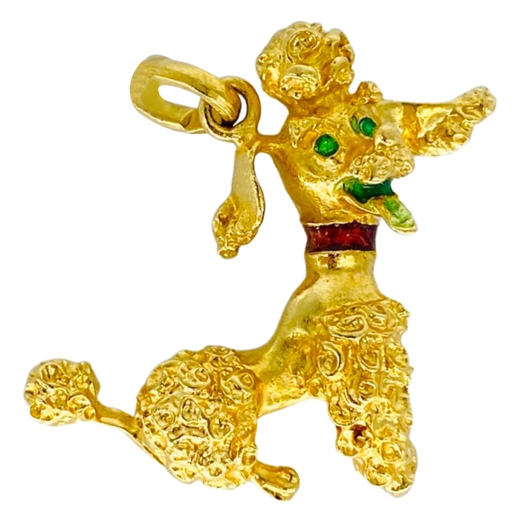 French Enameled Poodle Charm Pendant One Inch 18k Gold  For Sale