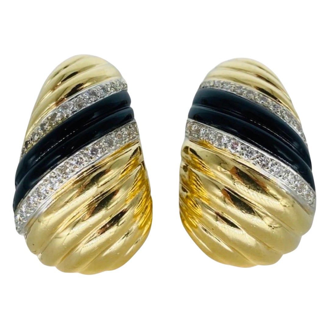Vintage 1.00 Carat Diamonds and Onyx Swirl Omega Back X-Large Earrings 14k Gold