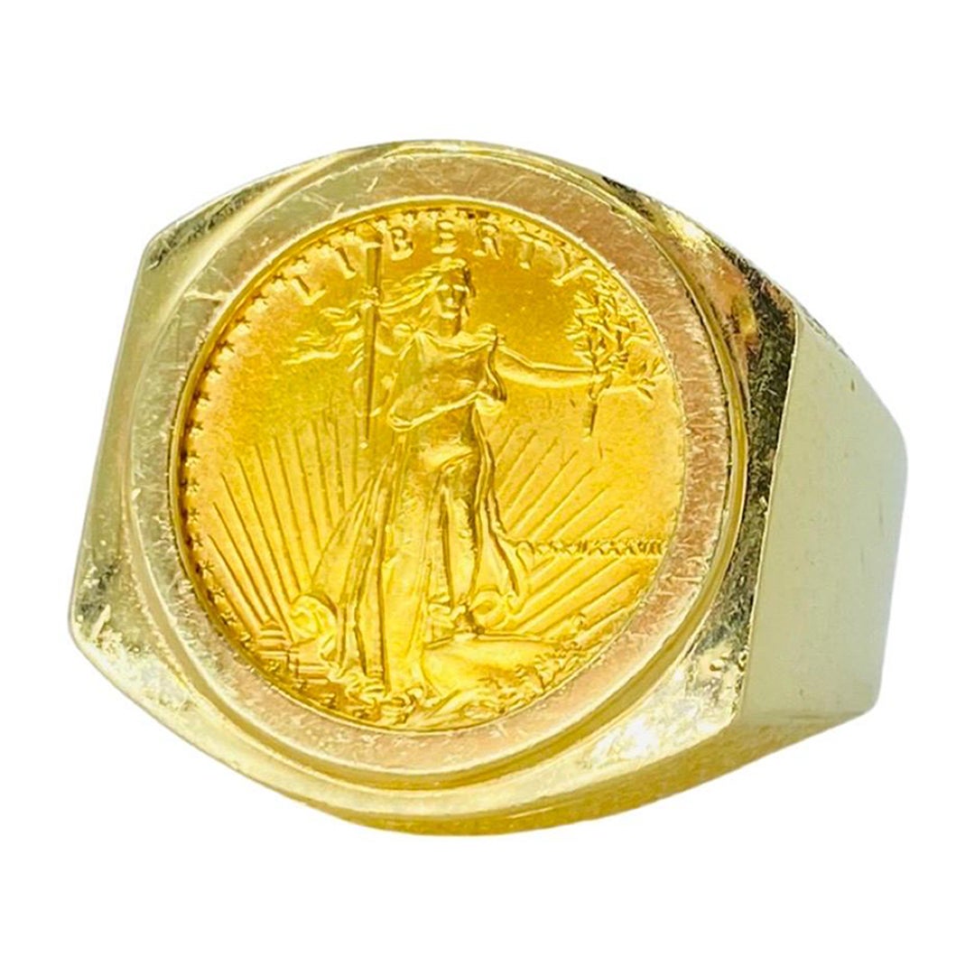 Vintage Men’s 22k Gold American Eagle 1/10oz Coin Ring 14k For Sale