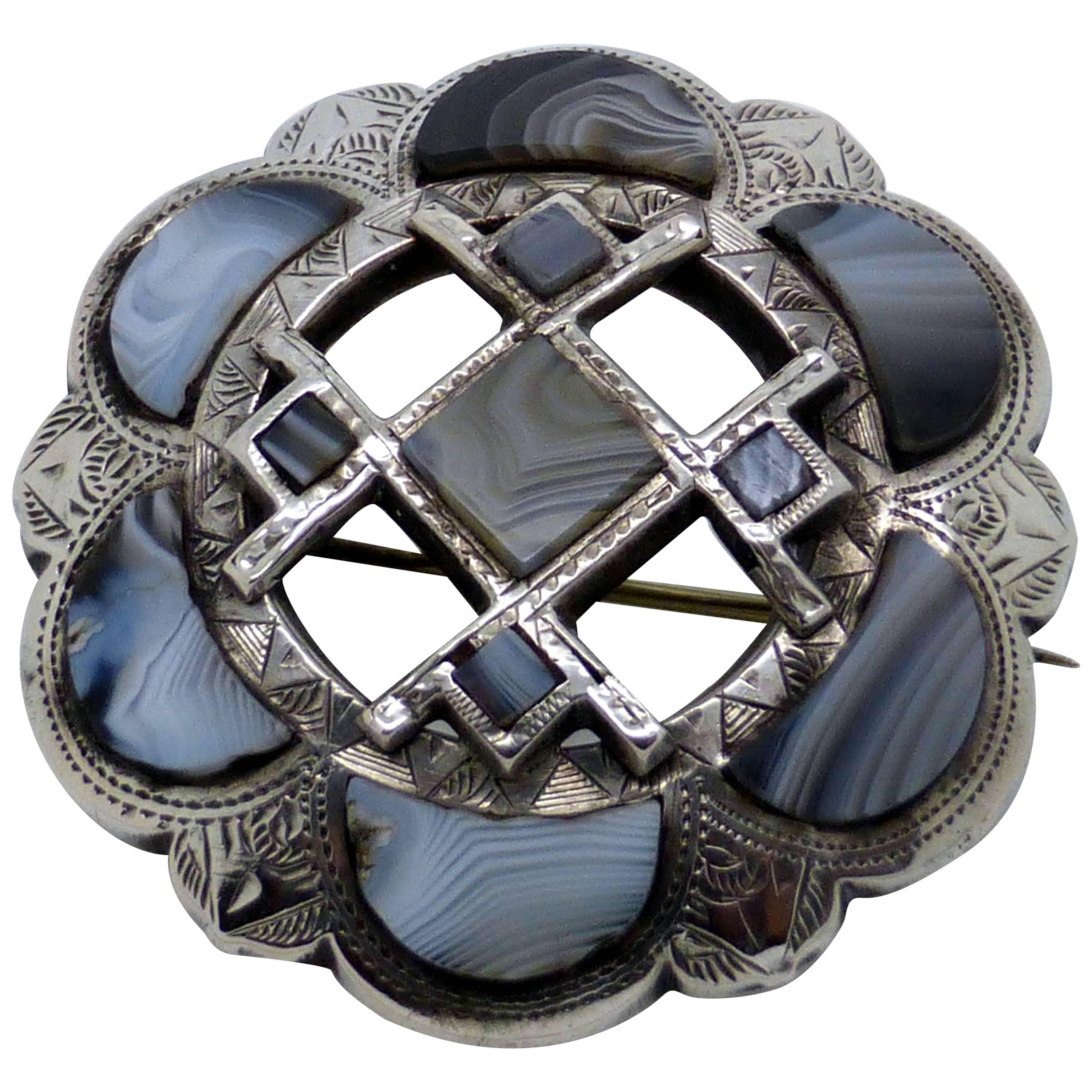 Victorian Sterling Silver-Mounted Scottish Agate Brooch
