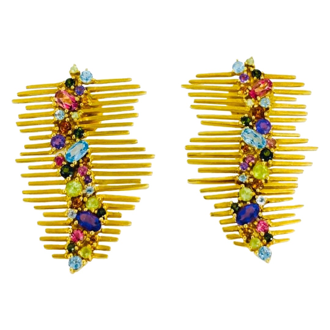 Boucles d'oreilles vintage abstraites en or 18 carats avec multi-pierres fruitées de 3,00 carats en vente