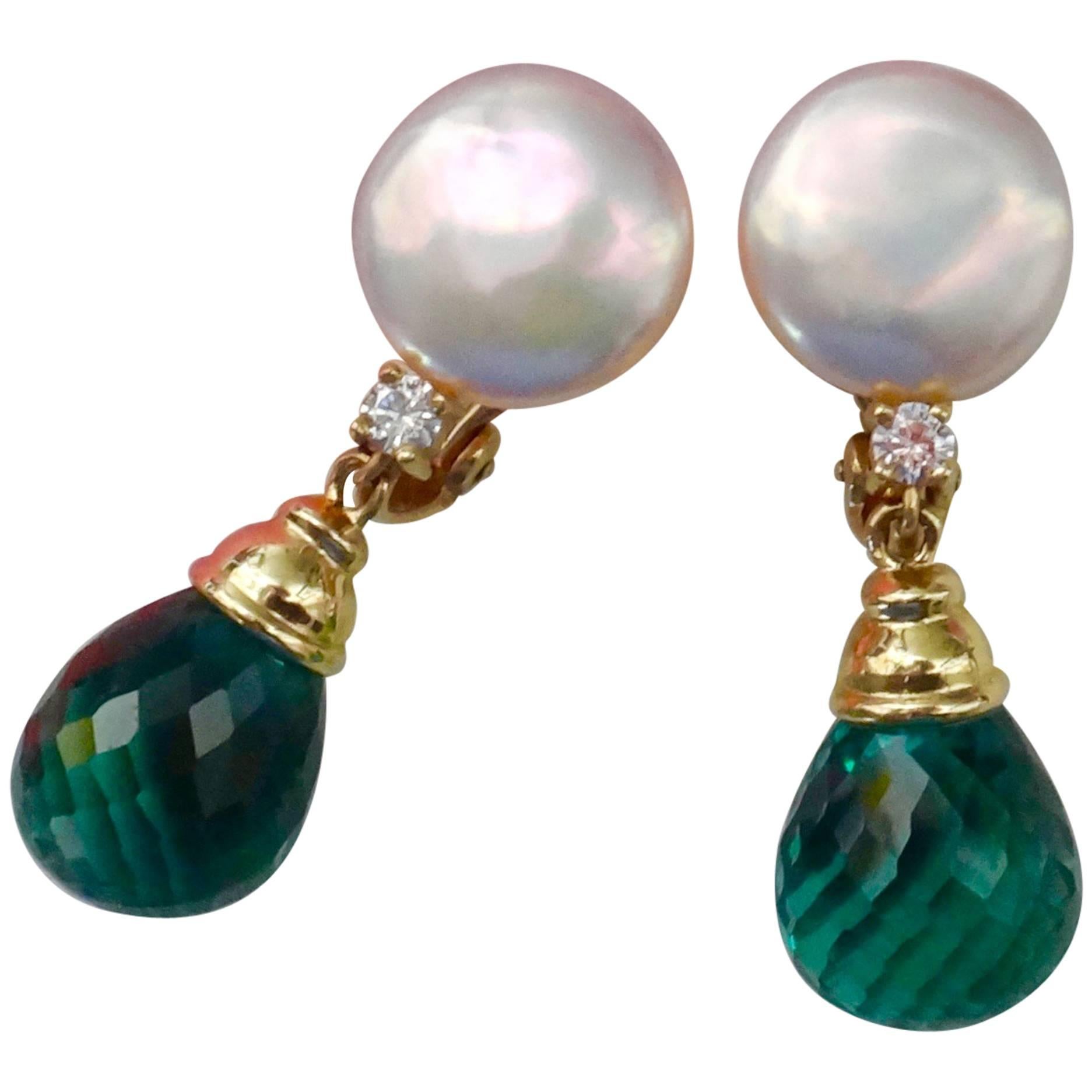 Michael Kneebone Coin Pearl Green Amethyst Briolette Diamond Drop Earrings