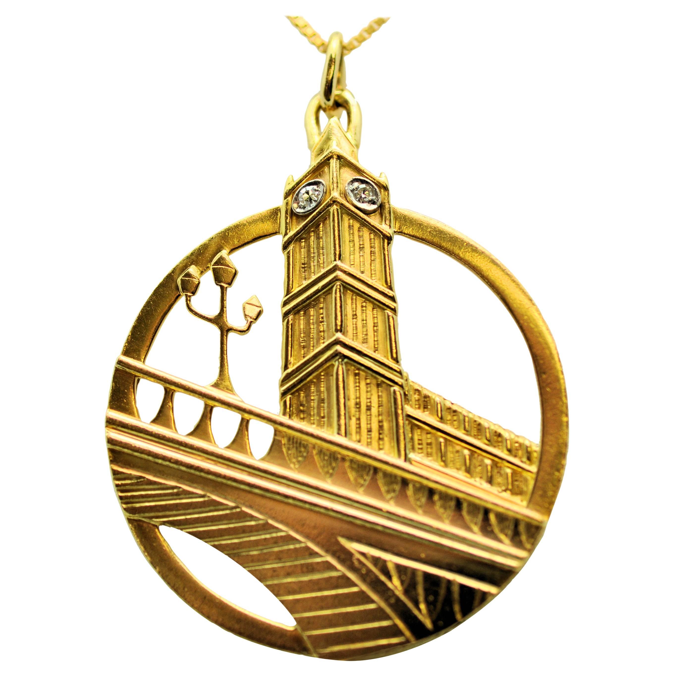 Cartier London Large Big Ben Diamond Gold Pendant Charm 