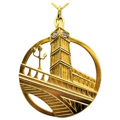Retro Cartier London Large Big Ben Diamond Gold Pendant Charm 