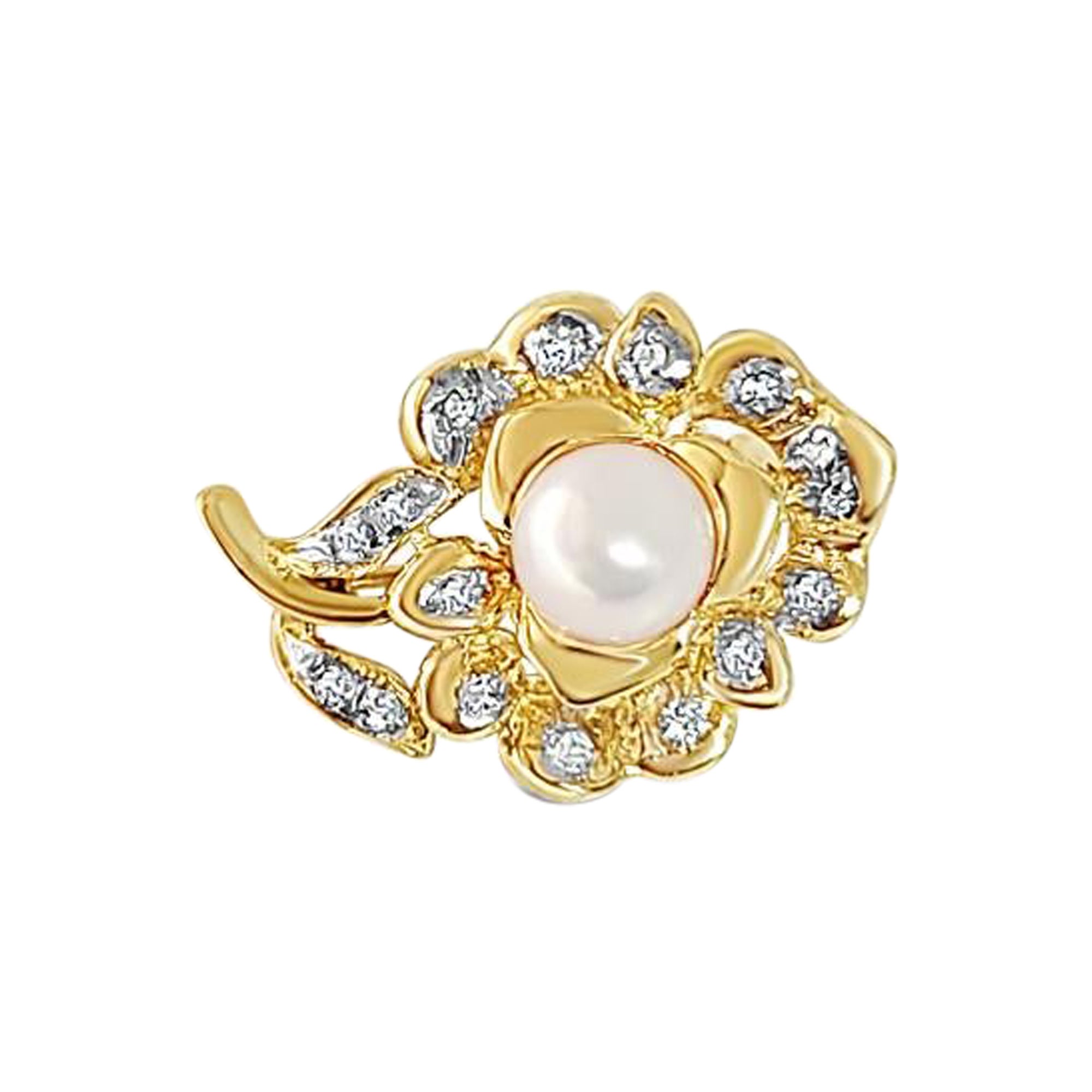 Pearl & Diamond Pave Brooch 14k Yellow Gold For Sale