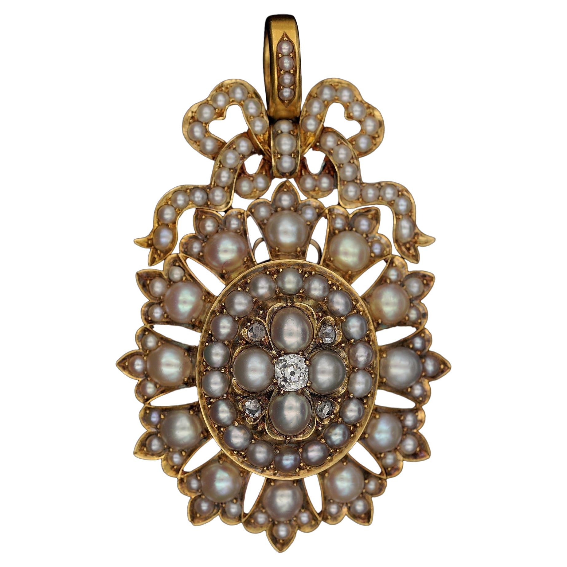 Victorian Natural Pearl Diamond Rare Large Pendant For Sale