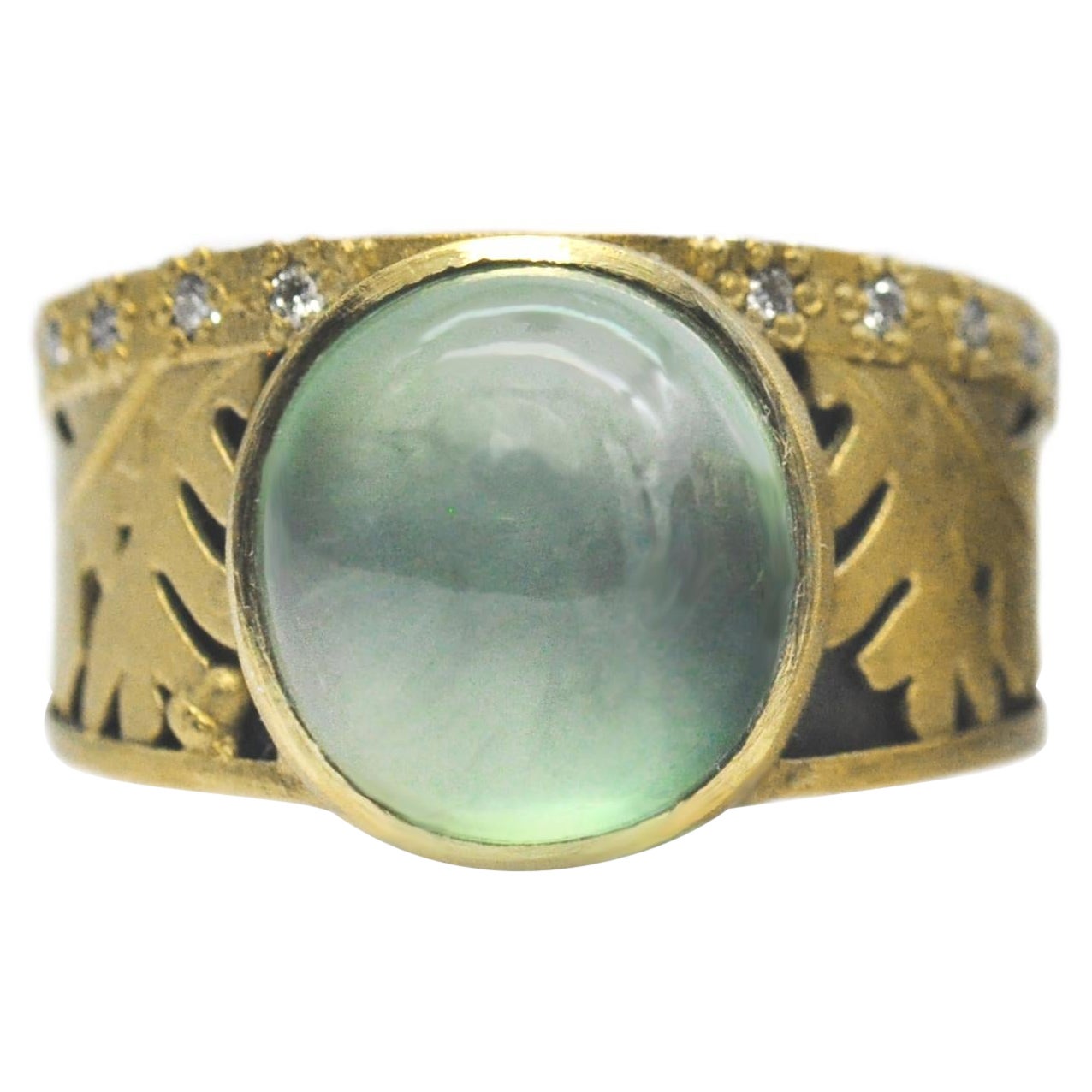 For Sale:  Prehnite, Silver and Gold Oak Leaf Ring with Diamond Edge