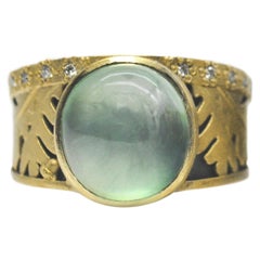 Prehnite, Silver and Gold Oak Leaf Ring with Diamond Edge