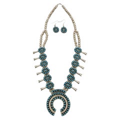 Turquoise Squash Blossom Kingman Stone Necklace Earring set by Jeffrey James 