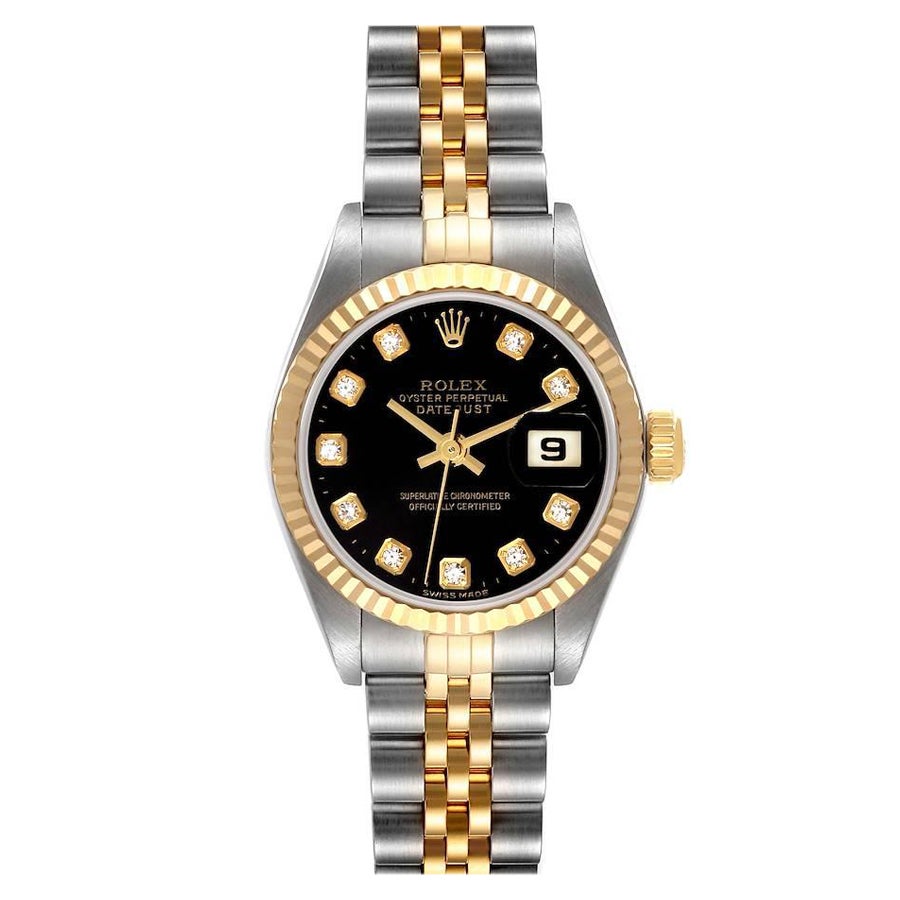 Rolex Datejust Steel Yellow Gold Black Diamond Dial Watch 79173