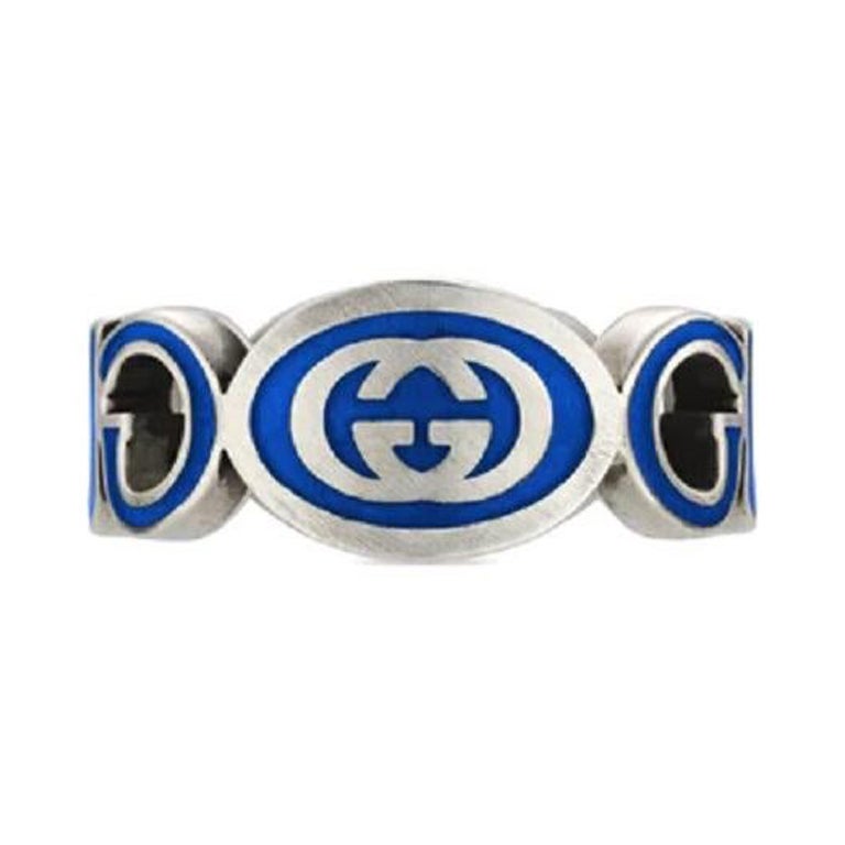 Gucci Interlocking G Sterling Silver Blue Enamel Ring YBC753640002 For Sale
