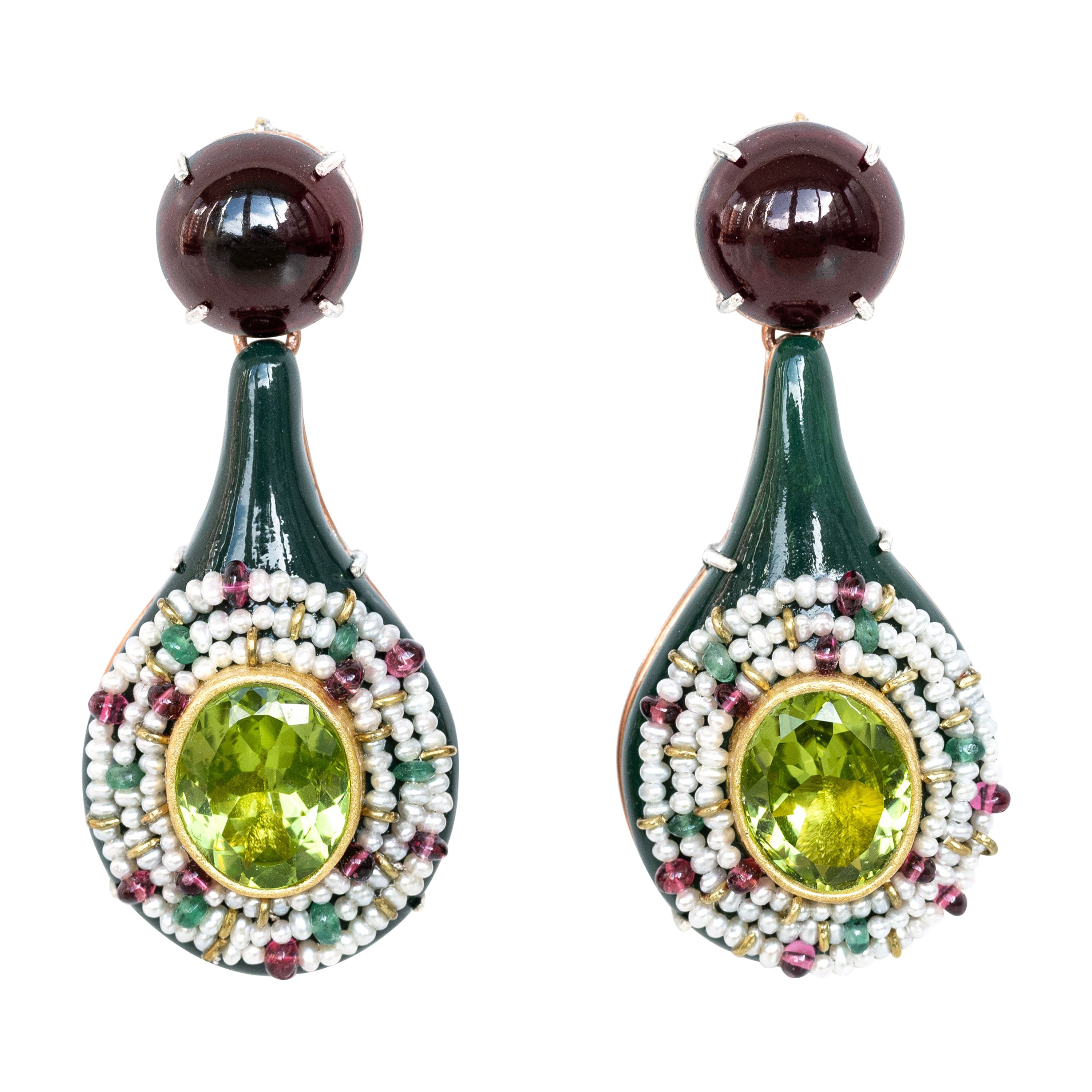 Green Bodyfurnitures Earrings, Peridots, Garnets, Rubelites, Emeralds, Pearls