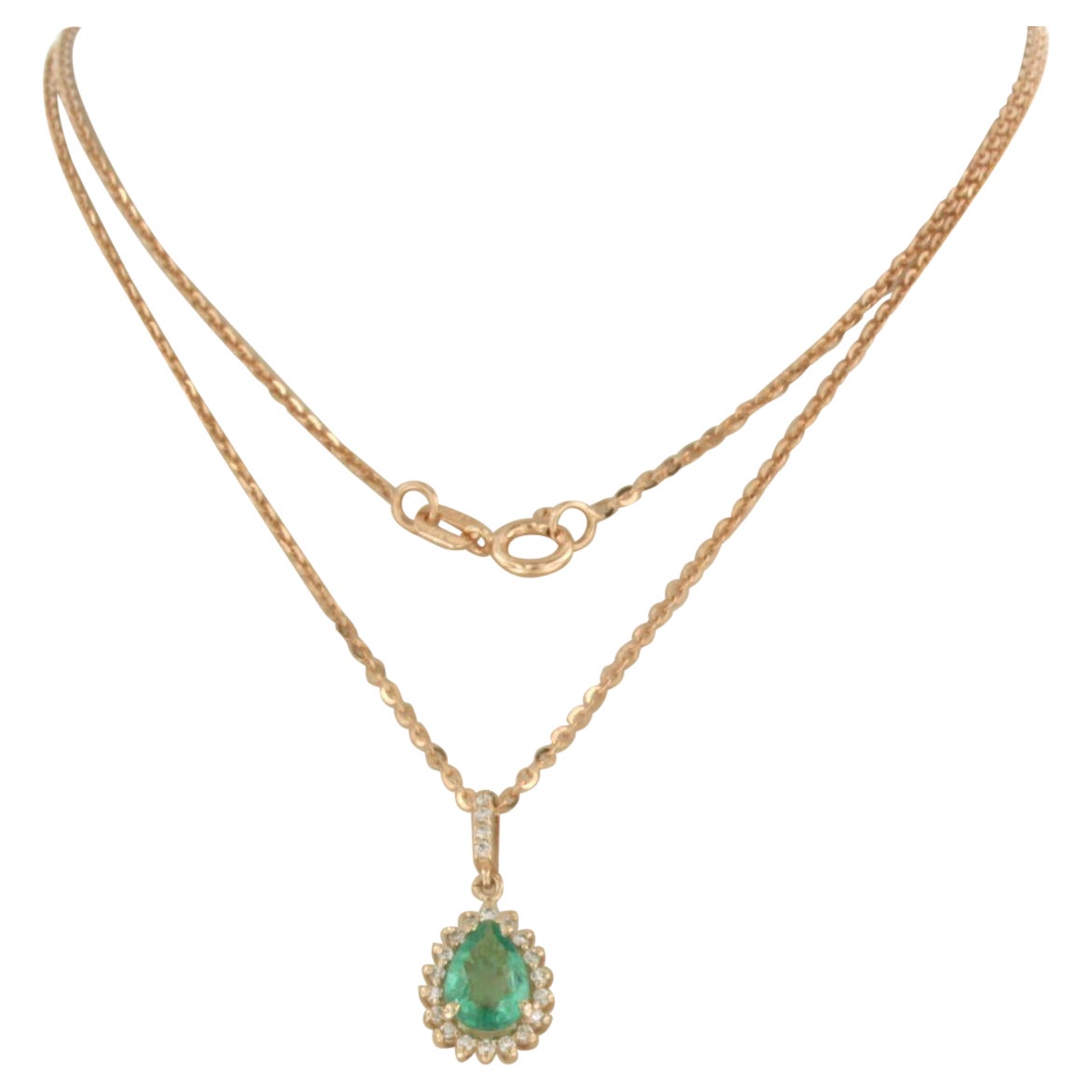 Necklace and pendant set with emerald and diamond 14k pink gold 45 cm ...
