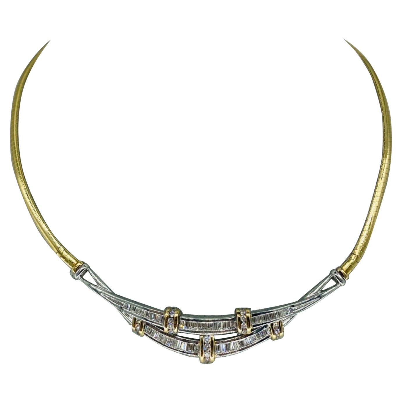 Vintage 3.60 Carat Baguette Diamonds 2-Tone Double Row Omega Choker Necklace For Sale