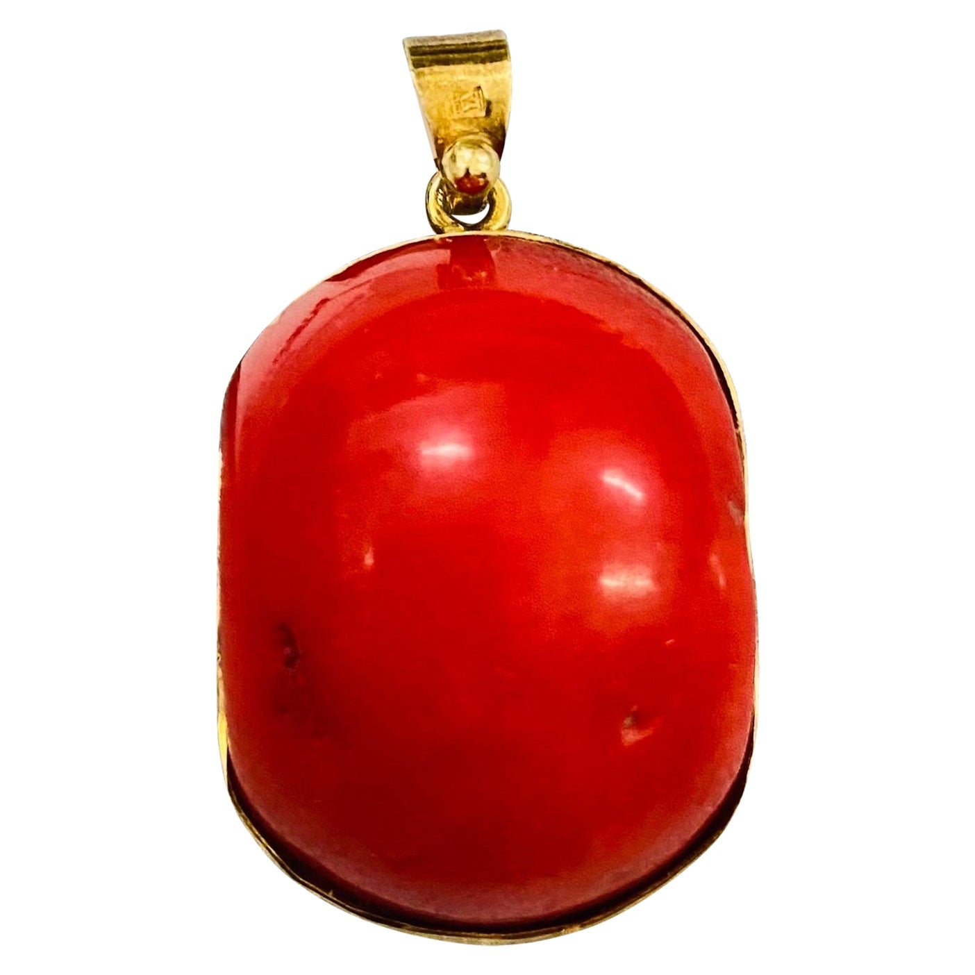 Antique Large Red Coral Cabochon Stone Pendant Made In Egypt 18k Gold For Sale