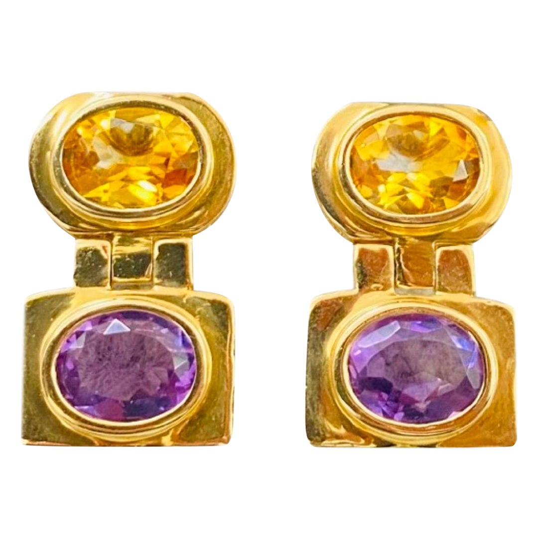 Vintage 14.00 Carat Amethyst and Citrine Gemstone Dangling Clip Earrings 14k For Sale