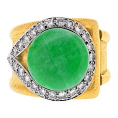 David Webb Platinum &  Gold Jadeite Diamond Hammered Finish Cocktail Ring