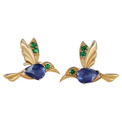 Boucles d'oreilles colibri en or 14k avec saphirs, boucles d'oreilles oiseaux en saphir