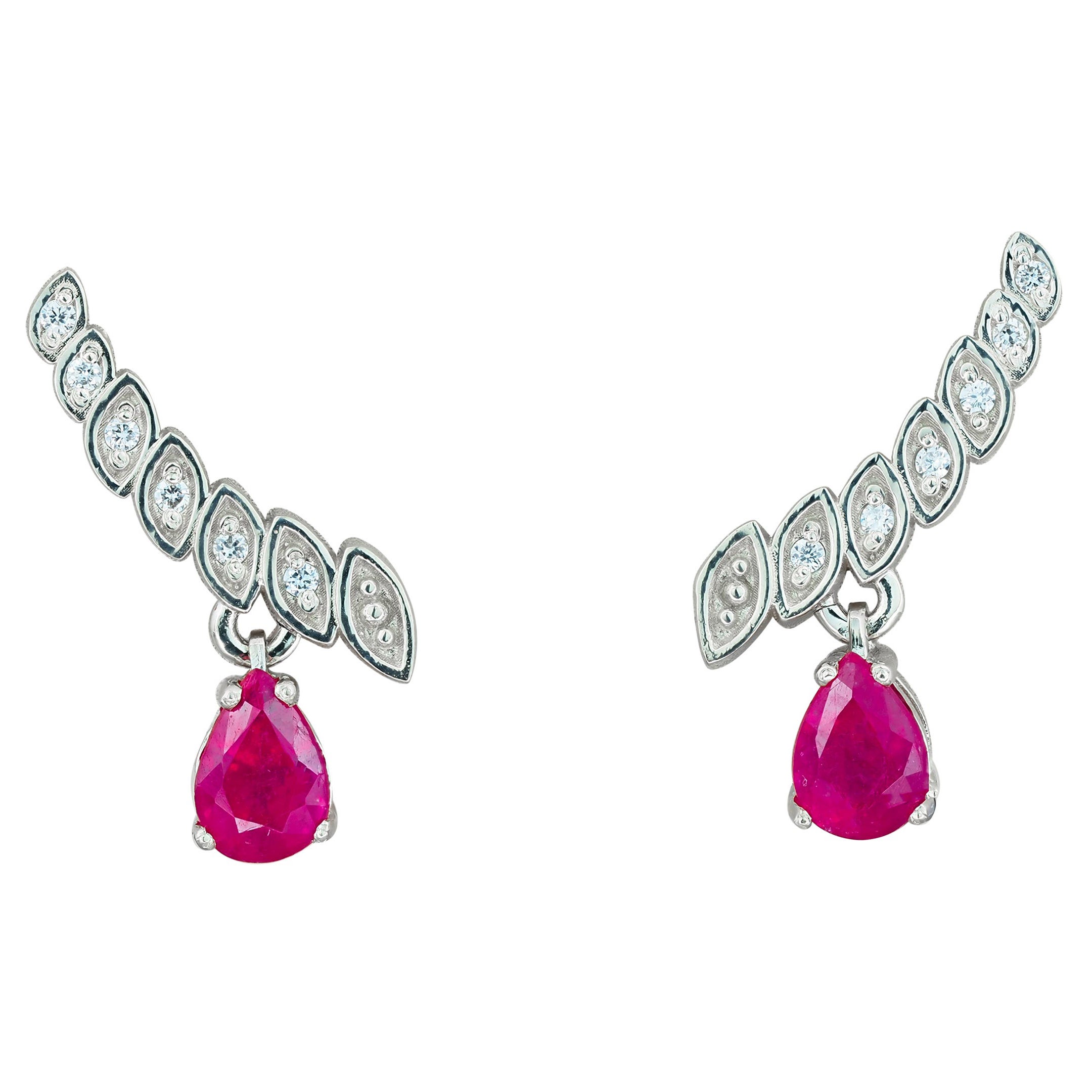 14k Gold Earrings with Pear Rubies and Diamonds For Sale