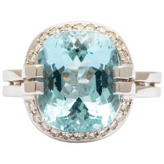 Tanagro Jewelry 5.13 Carat Cushion Cut Aquamarine Diamond Platinum Ring