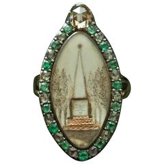 Georgian Emerald Diamond Gold Memorial Ring 