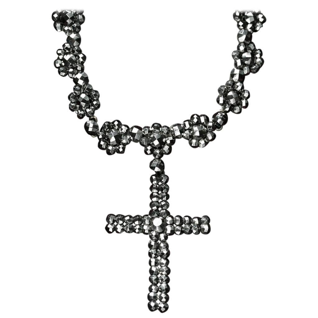 Victorian Cut Steel Necklace with Cross Pendant For Sale