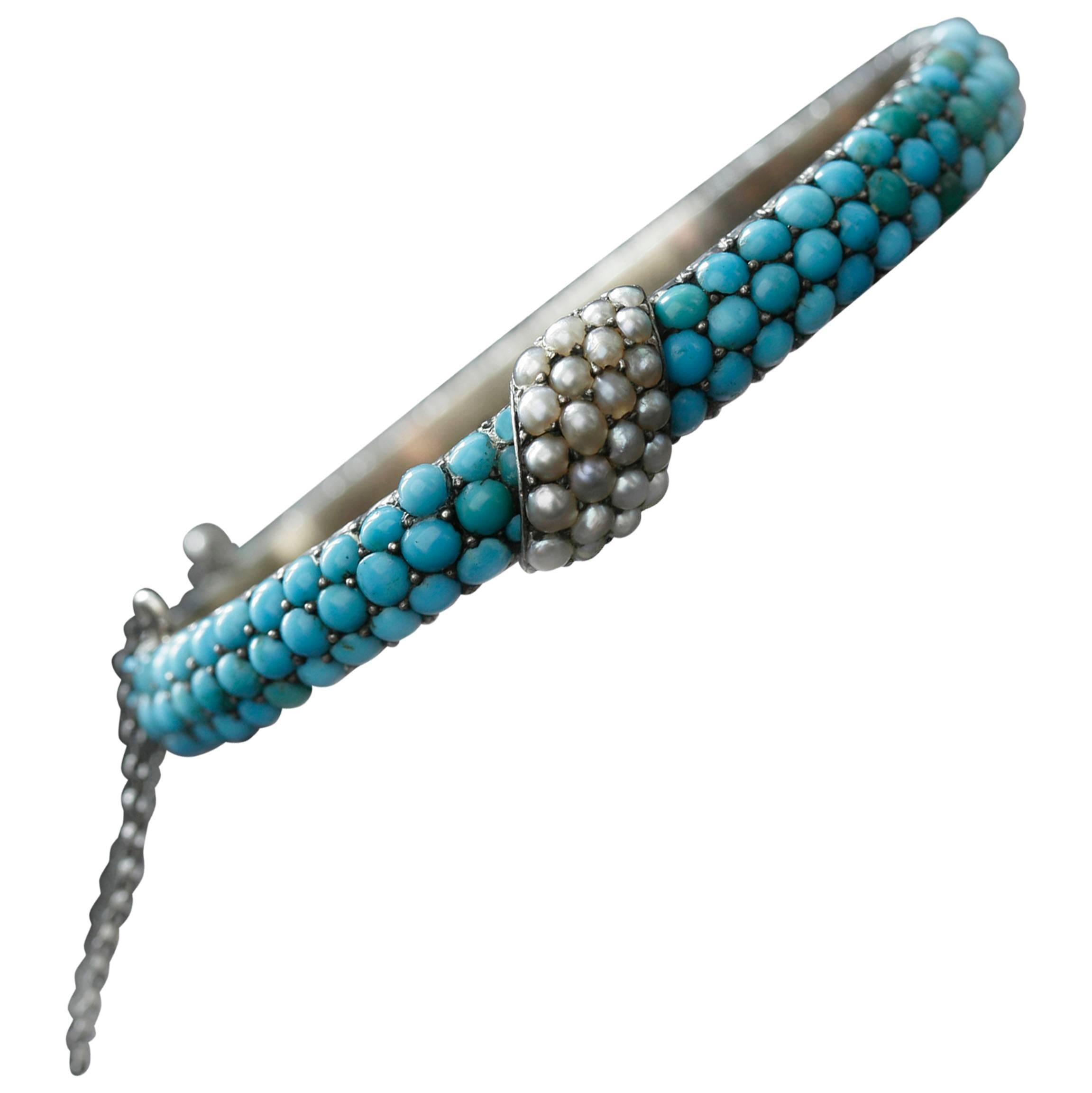 Victorian Turquoise and Pearl Bangle For Sale