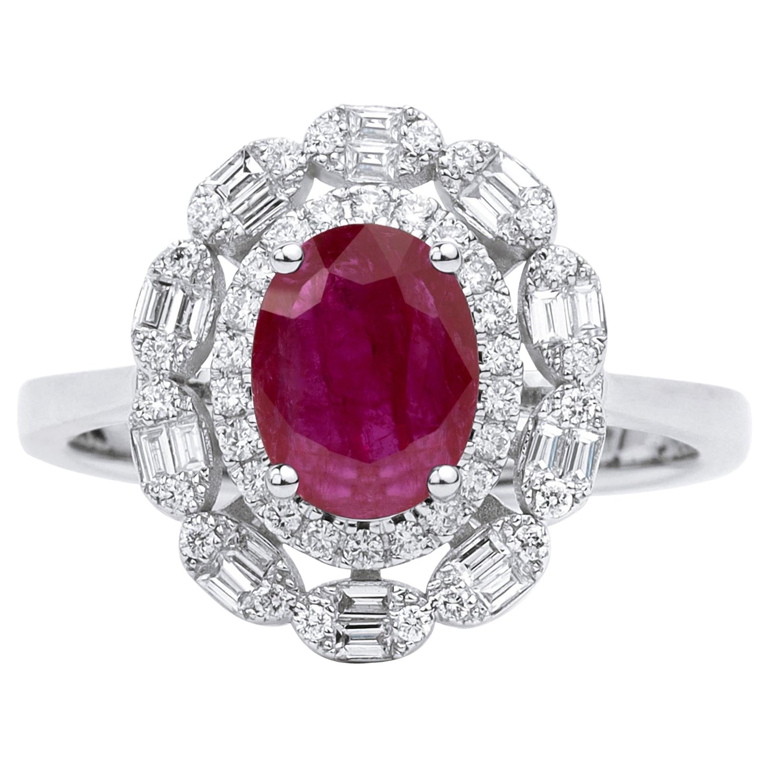Oval Red Ruby Diamond Halo Cocktail Engagement Ring in 18 karat White Gold For Sale