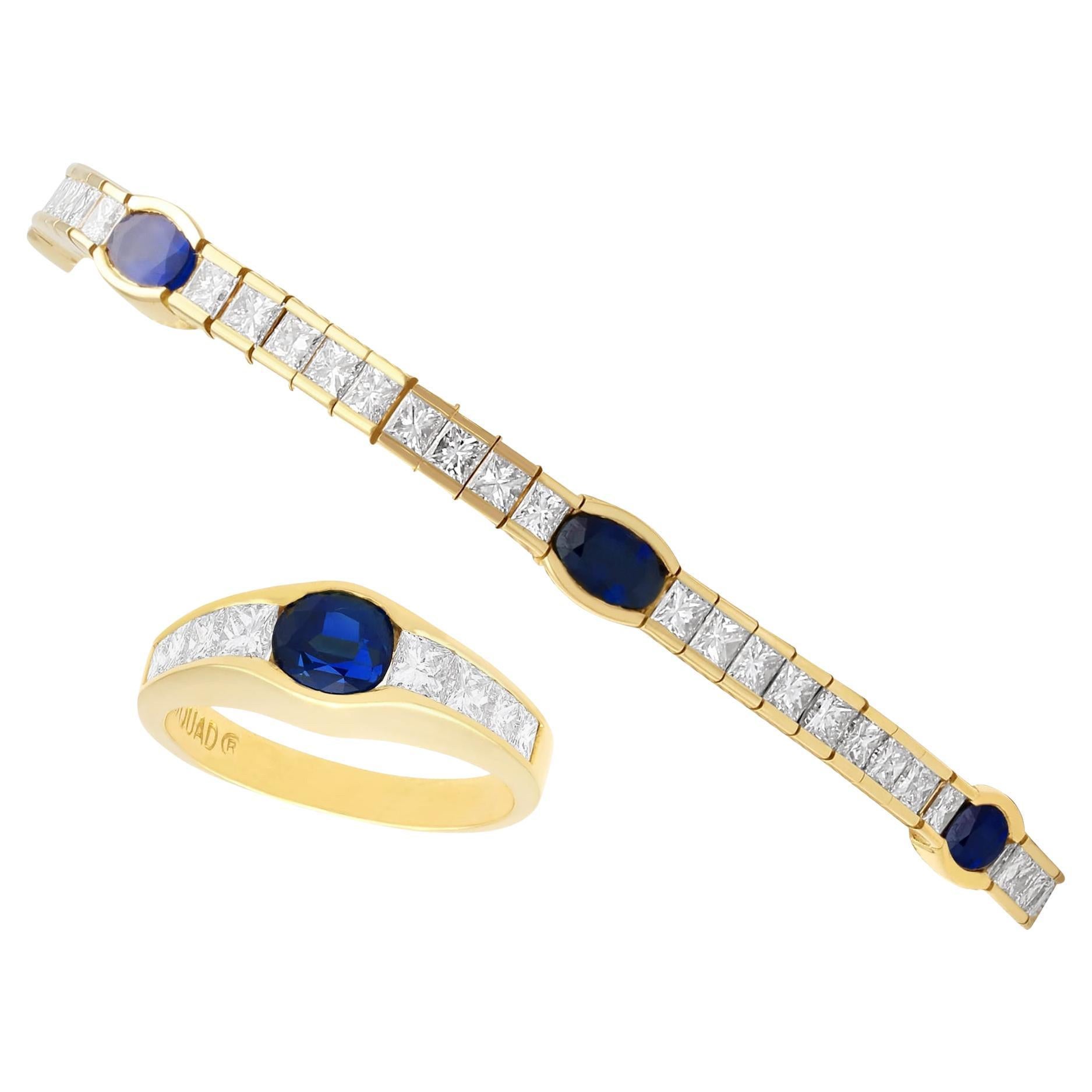 Vintage 6.49ct Sapphire 5.82ct Diamond 18k Yellow Gold Jewelry Set For Sale
