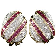 Ruby Diamond Shell French Clip Earrings set in Yellow Gold