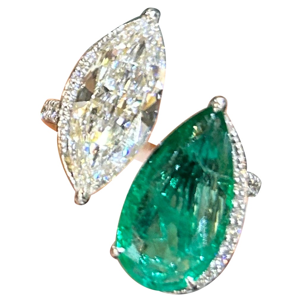 2.01 Carat Diamond Marquise and Emerald Pear Shape Cocktail Ring For Sale