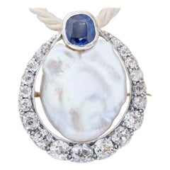 Baroque Pearls, Diamonds, Sapphire, 18 Karat Rose Gold and Silver Brooch.