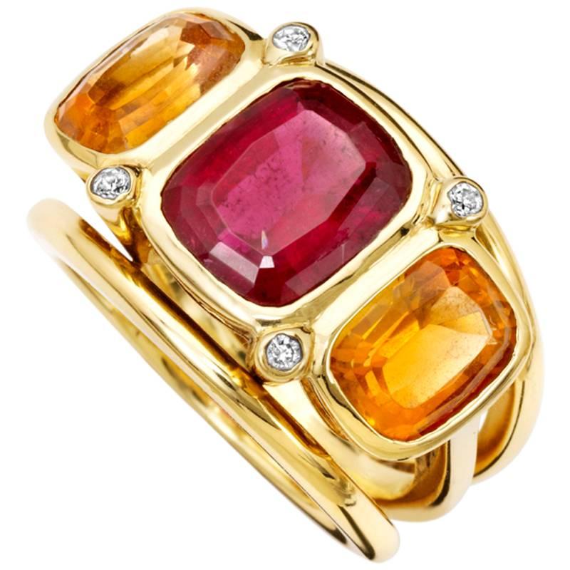 Ozymandias Gold Ring set with Pink Tourmaline Citrine and Diamonds