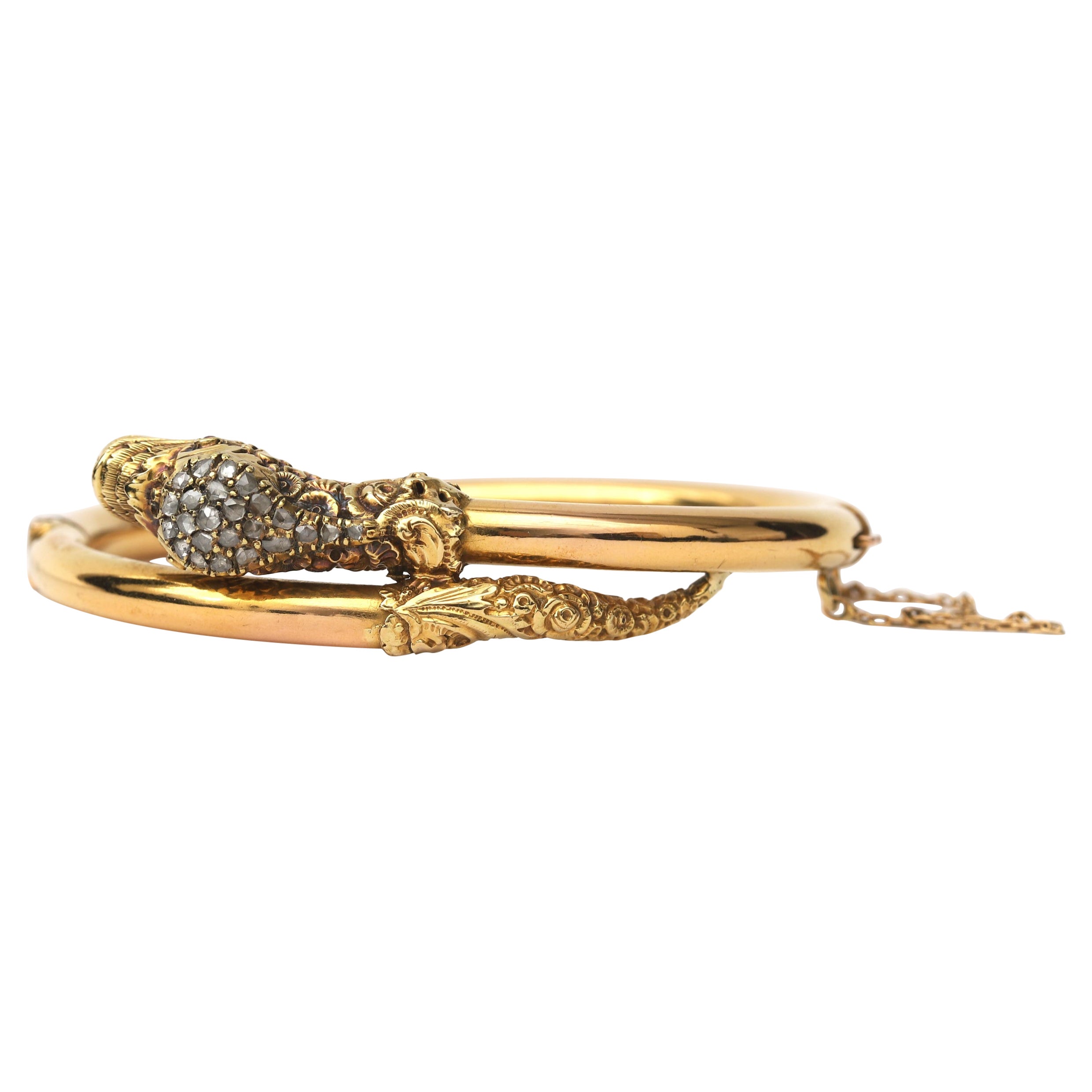 Antique Victorian 14K Gold Diamond Snake Bracelet For Sale