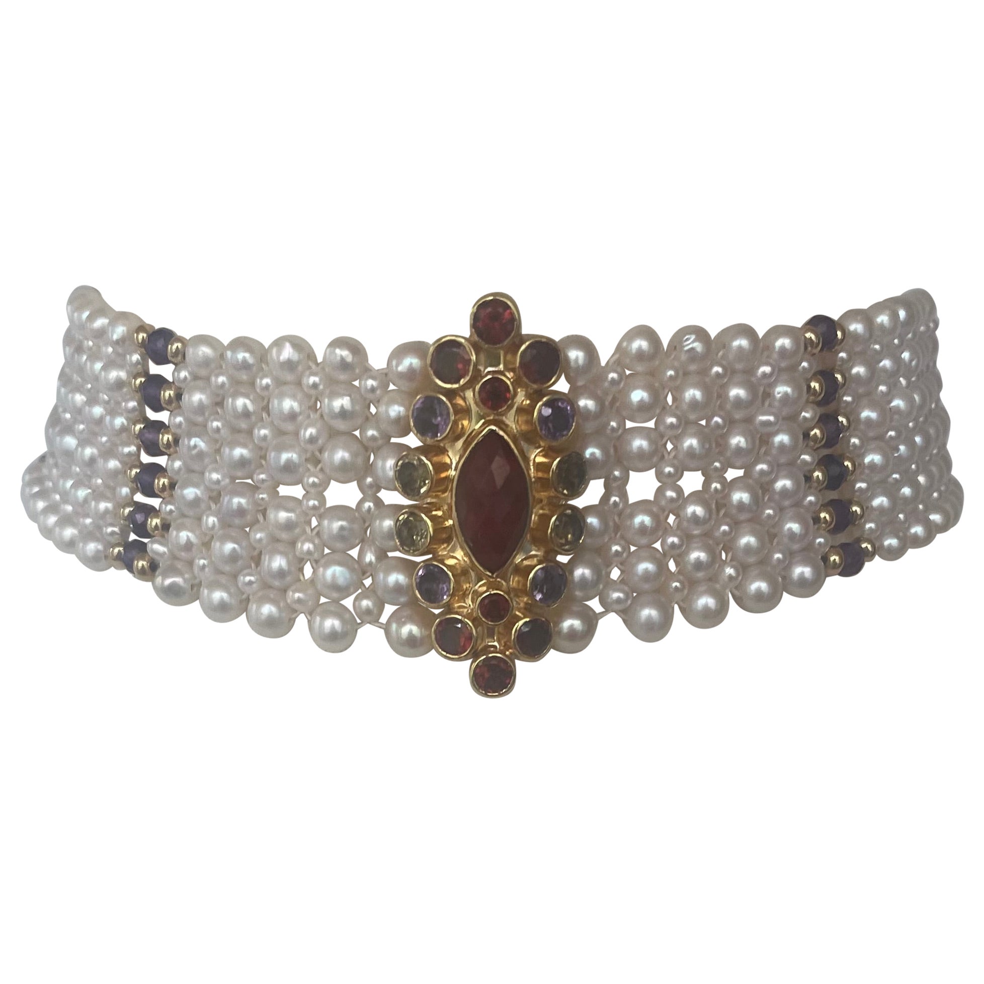 Marina J woven pearl choker with multi color semi precious beads  
