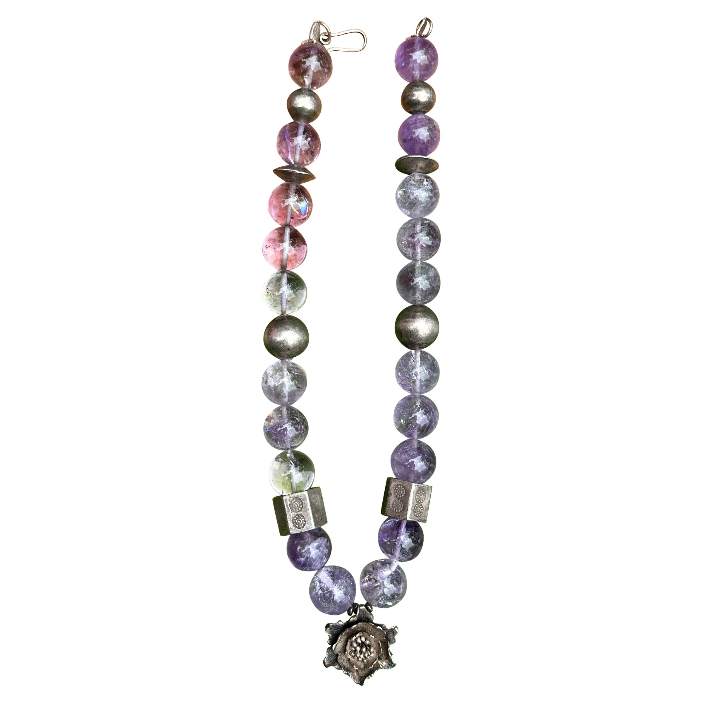 Amethyst Sterling Silver Necklace 21 Inches 18mm Beads Flower Medallion For Sale