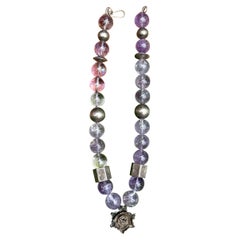 Amethyst Sterling Silver Necklace 21 Inches 18mm Beads Flower Medallion