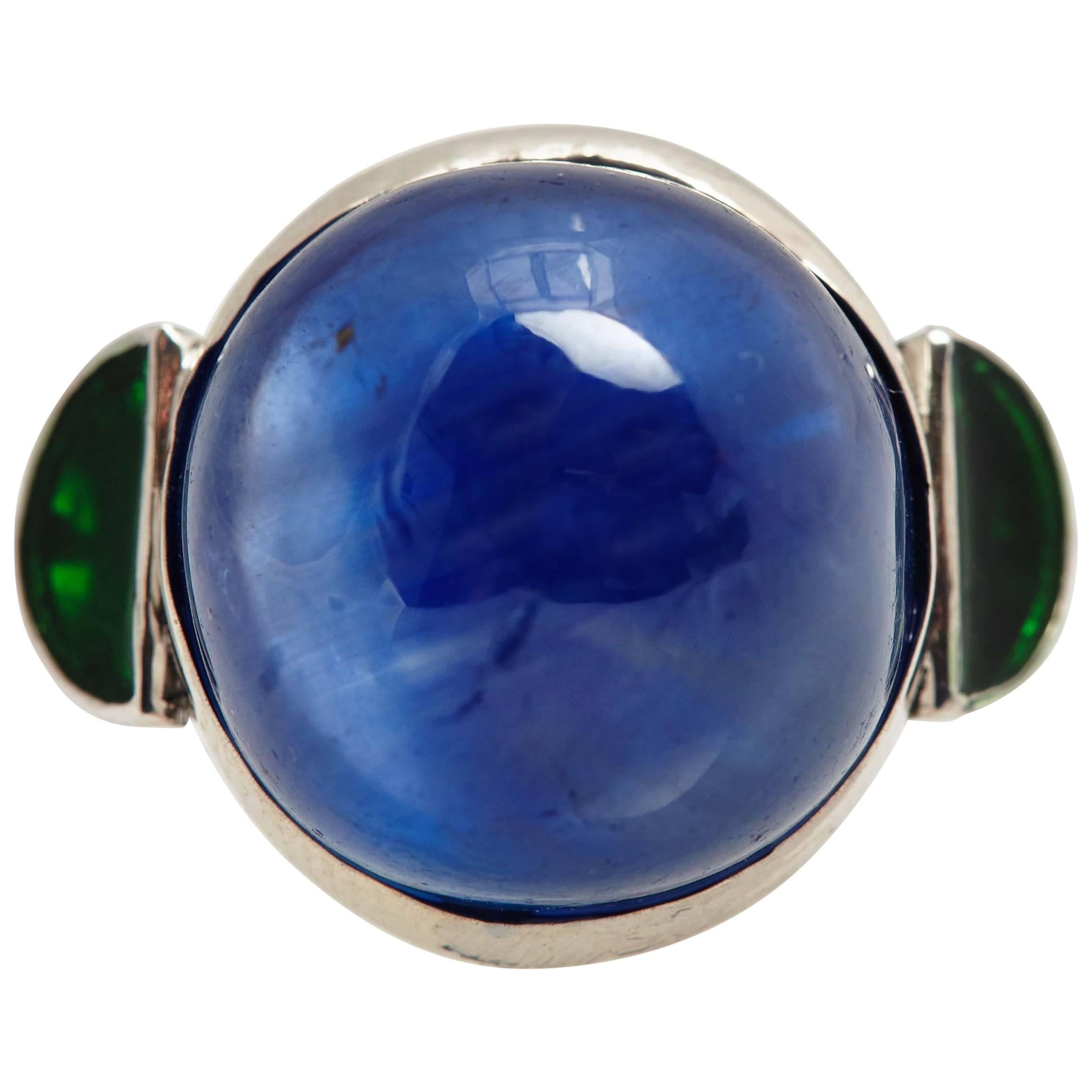 Cabochon Burma Sapphire Emerald Platinum Ring  For Sale