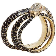 Antique Russian Enamel Ruby Diamond Gold Serpent Bracelet 