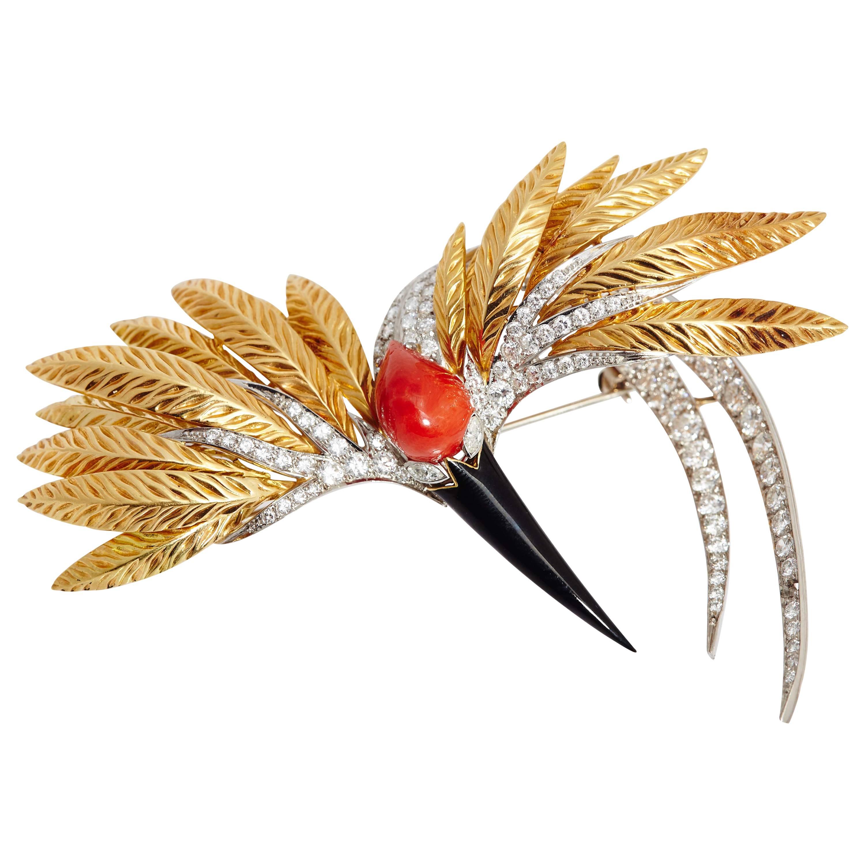 1970s Spritzer & Fuhrmann Coral Onyx Diamond Gold Stork Bird Brooch For Sale