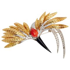 1970s Spritzer & Fuhrmann Coral Onyx Diamond Gold Stork Bird Brooch