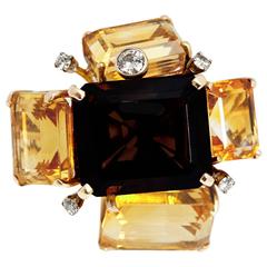 Retro Smoky Quartz Citrine Diamond Gold Geometrical Ring