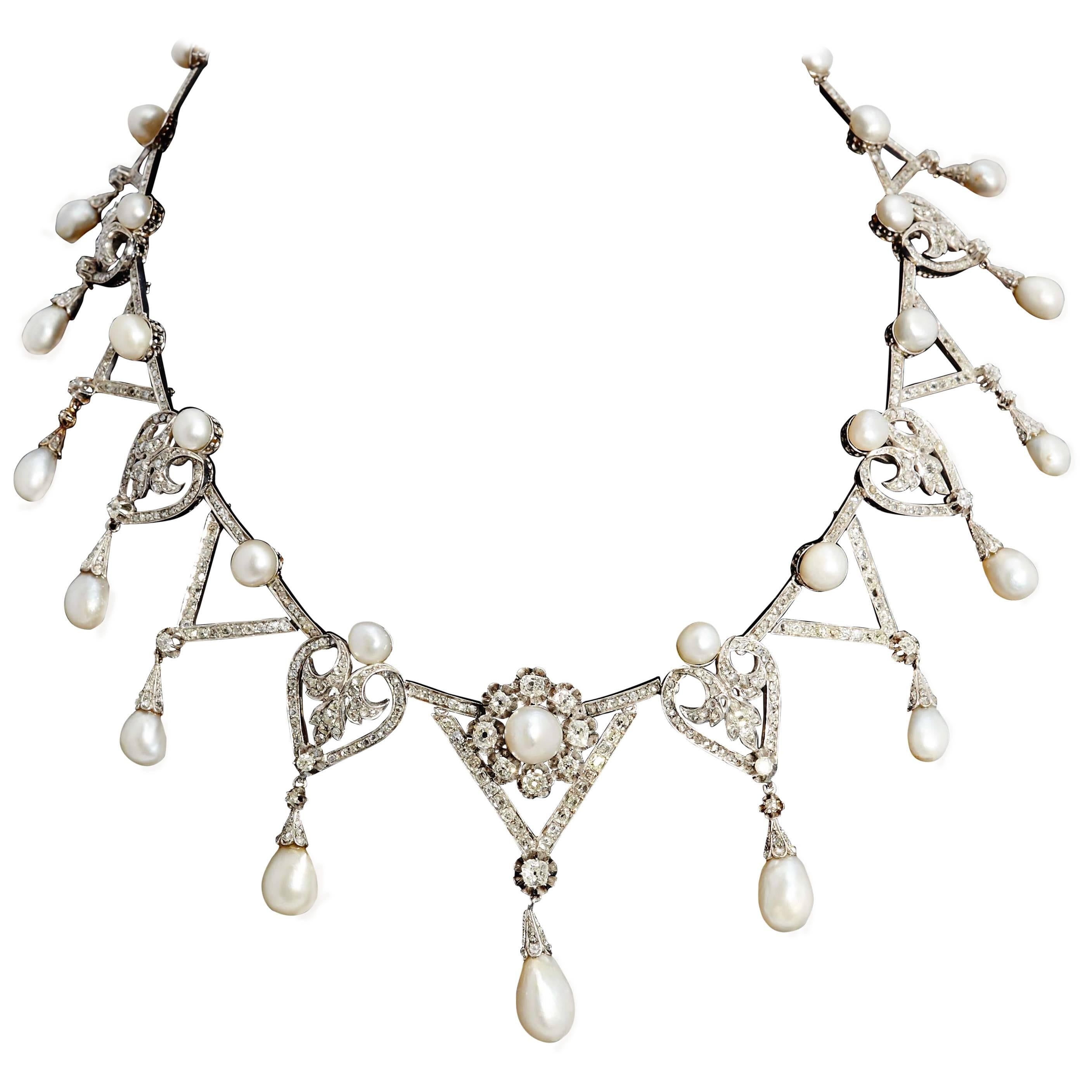 1910s Important Antique Natural Pearl Diamond Platinum  Necklace  For Sale