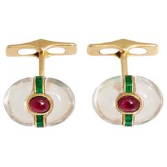 1960s Bulgari Rock Crystal Cabochon Rubies Emerald Gold Dolce Vita Cufflinks