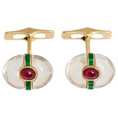 1960s Bulgari Rock Crystal Cabochon Rubies Emerald Gold Dolce Vita Cufflinks 