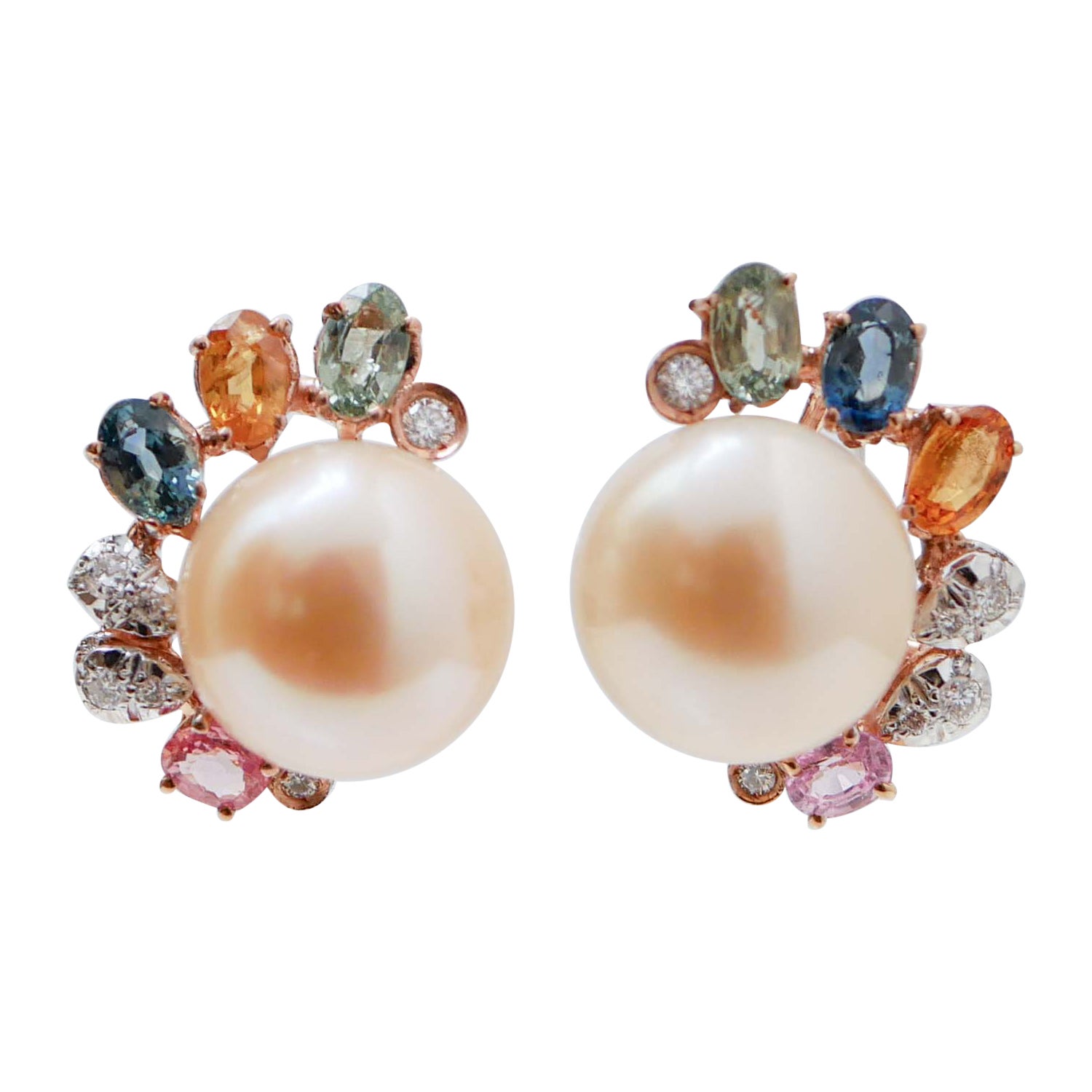 Pearls, Multicolor Sapphires, Diamonds, 14 Karat Rose Gold Earrings. For Sale
